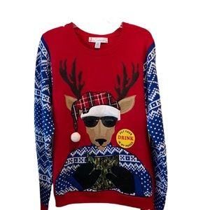 Jolly Sweaters Red Reindeer Holiday Christmas Sweater with Drink Pocket